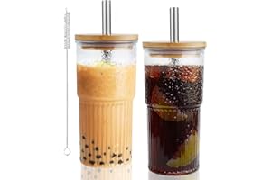 VMUTGA 2 Verres de 600 ml Avec Couvercles en Bois, Mug en Verre Rayé Transparent, Tasses à Café Réutilisables, Verres Avec Pailles pour Jus, thé Noir, Lait, Limonade, Whisky