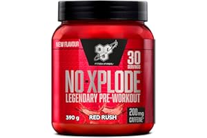 BSN Nutrition N.O.-Xplode Complément alimentaire Pre Workout en poudre, maintient l'énergie et la concentration avec caféine, acides aminés, vitamine C et zinc, goût Red Rush, 30 portions, 390 g