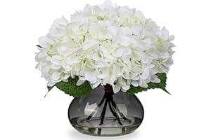 Oairse Hortensias Artificiales con 4 Flores en Jarrón de Cristal, Impresión 3D como Reales para Bodas, Hogar, Hotel, Fiesta, Arreglo