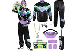 Xerteam 80s 90s Fancy Dress Men with Accessories, Retro 80s 90s Hip Hop Outfit for Adults, 80s Fancy Dress Set with 1 Sportswear Shirt Pant Hat Necklace Balloon Glasses
