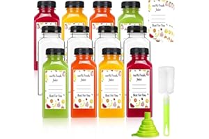 Leaflai Lot de 12 bouteilles de jus de 355 ml avec couvercles, réutilisables en plastique pour jus, lait, smoothie, fruits, autocollants