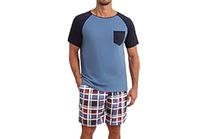 Jahetuul Pyjama Homme Court en Coton Été Ensembles de Pyjama Homme à Col Rond avec Poches Pyjamas avec Short à Carreaux Vêtements de Nuit