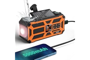 RADIODDITY Raddy SW5 Radio Solar de Emergencia Am/FM Radio IPX5 Impermeable Dinamo de Carga Manual con batería de 5000mAh y Carga Solar con Linterna SOS y Banda de Transporte para Camping … (Orange)