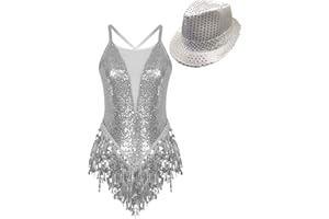 Nyeemya Maillot Ballet Danza Gimnasia para Mujer Brillante Leotardo Sin Mangas Body con Flecos Disfraz para actuación de Baile Latino Cha Cha