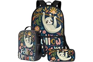 chaqlin Cute Sloth School Bookbags Set of 3 Pcs Schoolbags with Lunch Box Pencil Case Set,Follow Your Dream Sloth Print School Backpack Kids Casual Daypack Large Travel Rucksack for College Student