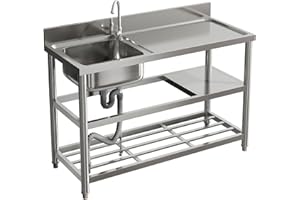 Warmiehomy Commercial Restaurant Sink Stainless Steel Single Bowl Kitchen Sink Unit 3 Tier Free Standing Sinks with Storage Shelf Outdoor Camping Washbasin with Drainer Kit, 120x50x89.5cm