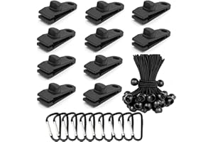 Langaelex Juego de 10 Clips de Lona Pinzas de Tienda con Cuerdas elásticas de Bola y mosquetón para la fijación de Lonas, toldos, Camping al Aire Libre, caravanas, marquesinas