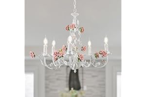 meibeileil Vintage Flower Chandelier, White Metal Dining Room Lamp, Hanging with Pink Ceramic Rose, French E14 Candles, Pendant Light for Bedroom, Living Room, Girls' Room, Kitchen, 5 Heads