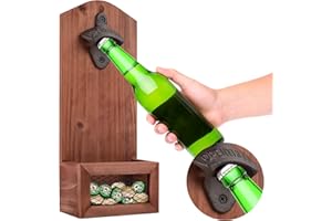TUFA Ouvre-Bouteilles Mural en Bois,Decapsuleur Mural Biere Avec Cap Catcher, Style Vintage,Multifonction Bouteille Ouvre pour Bar Maison Terrasse, Cadeau Homme Original pour Papa, Ami et Collègue
