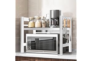 Quuylin Erweiterbares Mikrowellen Regal,2 stufiges,Stehend Mikrowellenregal,mit 6 Haken,Flexibel Ausziehbar von 40-65cm,für Arbeitsplatte,Bäckereiregale,Küchenorganizer, (Weiß)