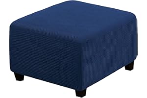 MVPACKEEY Square Ottoman Cover Soft Stretch Breathable Jacquard Ottoman Slipcovers Waterproof Non Slip Footstool Protect with Elastic Bottom Machine (Navy Blue)