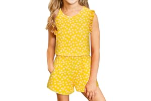 Kimoda Girls Jumpsuits Rompers Ruffle Sleeve Romper Shorts with Pockets Summer One Piece Playsuit Outfits for Girl 6-13 Years