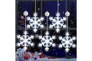 LYUBASA 5Pack Christmas Window Lights Decorations with Timer,Battery Powered Christmas Hanging White Lighted Snowflake Shaped LED Sucker for Xmas Tree Fireplace Indoor Decor