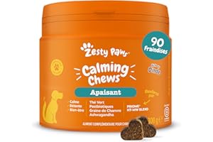 Zesty Paws Calming - Complément pour Chien sous Forme de friandise - Anti Stress - calmant - Hyperactivité - Ashwagandha, Thé Vert et L-Tryptophane - 90 Unités