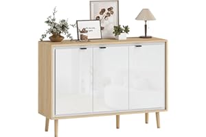 HOMCOM Credenza Cucina con 3 Ante, Mobile Cucina Moderno con Ripiano Regolabile e Piedi in Legno, Credenza Buffet per Soggiorno, Sala da Pranzo e Salotto, 107x35x77 cm, Bianco Lucido e Rovere
