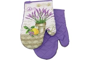 ‎EUROMAT 2 TLG. Set Topfhandschuhe mit Magnet Grillhandschuhe Backhandschuhe Ofenhandschuhe Kochhandschuhe Küchenhandschuhe (Lavendelblumen 9118- Violett Ecru)