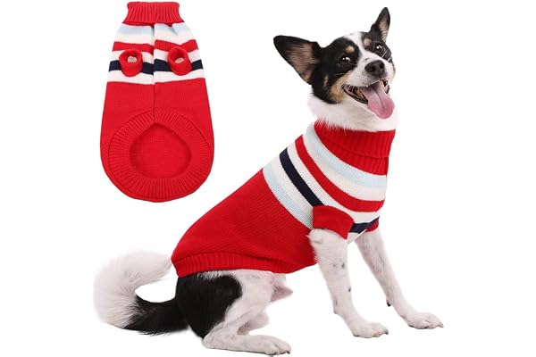 KUTKUT Dog Sweater Warm Strip Dog Winter Knitwear Clothes with Elastic Leg Bands Soft Acrylic Knitted Pet Pullover for Small Medium Large Doggy (Red, Size: 2XL)