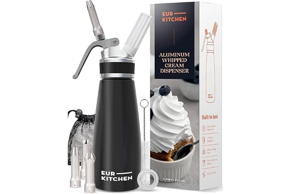 EurKitchen Siphon Chantilly en Aluminium - Siphon à Crème Chantilly – Machine à Chantilly avec 3 Douilles de Décoration & Brosse de Nettoyage – Capacité de 500 ML – Cartouches N2O (Non Fournies)