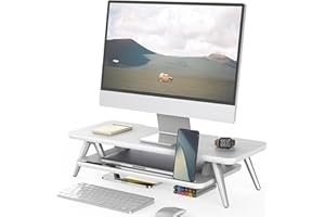 Fenge Supporto Monitor in Legno, Supporto per Monitor a 2 Strati con Spazio di Archiviazione e Supporto per Telefono/Tablet 60x23,5x14,5cm Bianco
