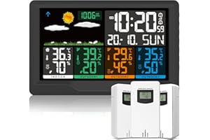 Qxmcov Stazione Meteo Meterologica Digitale con 3 Sensore Esterno Wireless, Stazione Meteorologica con Schermo Colori Sveglia Tempo Data Temperatura umidità Previsioni di Tempo