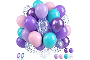 BIAPIAN Mermaid Party Balloons, 60PCS Purple Pink Blue Balloons, 12Inch Metallic Purple Tiffany Blue Confetti Latex Balloon Helium for Girls Mermaid Theme Birthday Baby Shower Wedding Party Decorations
