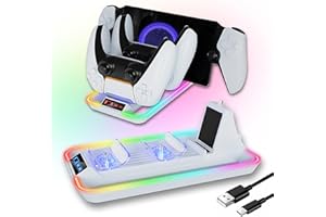 AriKroii RGB Chargeur pour PS Portal,Support de Chargeur Manette pour Deux PS5,14 Effets Lumières RGB pour PS Portal Remote Player/Manettes PS5