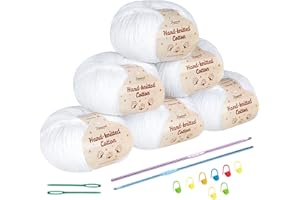 Homewit Cotton Yarn for Crochet Set, 6 Pack Cotton Crochet Yarn with Other Accessories, 50g Soft Professional Knitting Yarn for Baby Clothes, Hats, Towels, Gloves, Yarn Projects Handcrafts, White