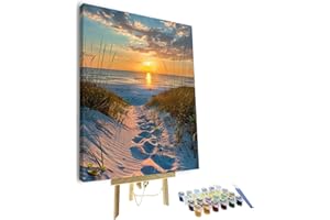 TISHIRON Malowanie według liczb, dla dorosłych, "zrób to sam", ręcznie malowane, zestaw do malowania olejnego dla początkujących i dorosłych, z 3 pędzlami i farbą akrylową, 40 x 50 cm (zachód słońca