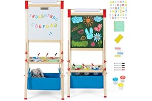 COSTWAY Caballete Infantil Ajustable en Altura, Caballete de Doble Lado con Pizarra de Tiza y Pizarra Blanca, Rollo de Papel, Imanes de Letras y Números, para Niños 3-8