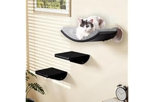 PELUOMOZ Katzentreppe Wand 3er-Set, Katzen Kletterwand mit 2 Kletterstufen & Gebogenen Plattformen, Wandmontiertes Holz Katzenwandmöbel Set für Klettern Spielen Schlafen