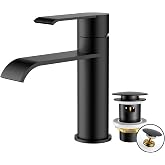 FORIOUS Sink Tap, Black Bathroom Waterfall Mixer | Spout Height 98 mm, with Drain, Stainless Steel, Single Handle and Design