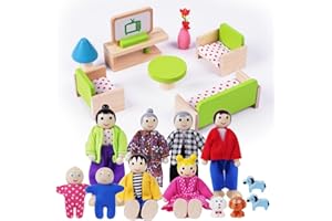 HOTUT Meble do domku dla lalek, 20 sztuk drewnianych Meble dla lalek zawiera 8 zabawki dla lalek rodzinnych i 4 psy, drewniane meble do domu, mini meble do domku dla lalek na prezent dla dzieci