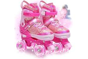 OLYSPM Pattini a Rotelle Bambina,Tomaia fluorescente,Roller Bambina regolabili con 8 Illuminante Ruote e borsa per riporre gli oggetti per Ragazzi,Ragazze e Principianti