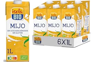 ISOLA BIO - Pack de 6 Unidades de 1 L de Bebida Ecológica Vegetal de Mijo - Sin Azúcar Añadido y Sin Gluten - Apto para Veganos - Ideal para Tomar Sola, con Café o en Batidoss