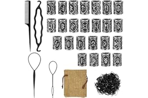 DECARETA 24 Stück Bartperle Wikinger Rune Bart Perlen 10*13mm Nordische Haarperlen Bartschmuck Flechten Runenperlen mit Clip und 400 Schwarze Gummibänder mit Beutel für Armband Halskette DIY Anhänger