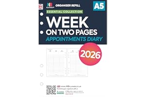 NBPLANNER Agenda 2026, formato A5, settimana su due pagine, per agenda e appuntamenti, compatibile con Filofax A5, 148 x 210 mm (appuntamenti 2026)