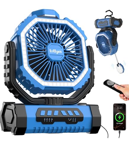 Ventilatore Campeggio OUTACT 20000mAh – Silenzioso, Con Luce LED, Telecomando, Oscillazione 90° E Gancio Pieghevole!