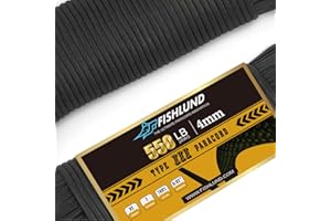 FISHLUND Paracord 550 lb, 7-żyłowa lina spadochronowa typu III, 100 stóp, 4 mm, nylonowa linka spadochronowa do biwakowania, Czarny