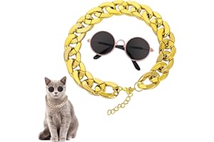 HJZHII Cat Costume Sunglasses with Collar Chain, Retro Pet Eyeglasses Funny Kittens Costume Docorations Cosplay Dog Puppies Photo Props for Birthday (Gold)