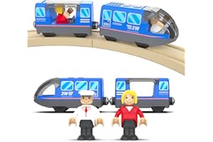 DxxD Trenino Elettrico per Bambini, Trenino Legno Giocattolo, Treno Intercity con Figure per Ferrovia, Locomotiva ad Azione a Batteria, Auto Giocattolo Compatibile con Thomas, Brio, Età 3+ Anni, Blu