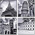Wieco Art - Architectures Modern 4 Panels Giclee Canvas Prints Europe Buildings Black and White Landscape Pictures Paintings on Canvas Wall Art Ready to Hang for Bedroom Home Office Decorations