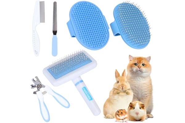 Nobleza - 6 Pièces Kit de Toilettage pour Petits Animaux, Kit de Toilettage pour Lapin avec Brosse à Raclette, Gant de Bain et de Massage, Peigne pour Hamster (Bleu)