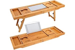 AUTUMNDEER Badewanne Caddy & Laptop-Bett Schreibtisch - 2 in 1, Badewanne Tablett integriertem Ständer für Bücher oder Tablets, Badewanne Halter und Organizer mit Smartphone und Weinglas Halter, Tablet-Halter