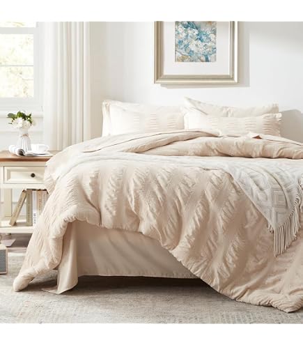 Housse De Couette Boho Freyamy 240x260cm - 100% Microfibre - Frange Beige - Parure Lit 2 Personnes + 2 Taies