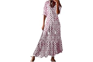 Zeiayuas Women's Summer Boho Dress V Neck Bohemian Maxi Dresses Casual Half Sleeve Long Dress Beach Holiday Swing Dress Ladies Flowy Loose Fit Vintage Pleated Dresses for Party Evening