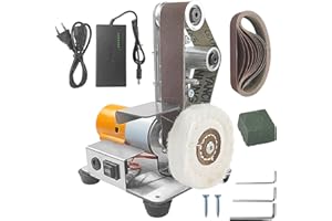 BQWEUN 19 sztuk szlifierek taśmowych i talerzowych, 1 x mini elektryczna szlifierka taśmowa + 10 x taśma szlifierska + 1 x tarcza polerska + 6 x klucz płaski, 1 x europejski zasilacz sieciowy, do obróbki