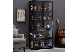KUYATE Glass display cabinet,Glass door antique cabinet,Antique cabinet display cabinet Natural bamboo frame, single/double door design,Convenient Storage 80x32x170cm/L31.5xW12.6xH66.9in black
