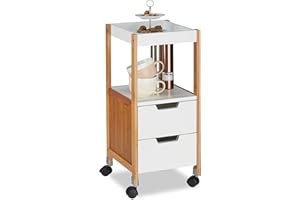 Relaxdays Kitchen Cart with Drawers, Tea Trolley, On Wheels, MDF, Bamboo, HWD: 69x30x30 cm, White