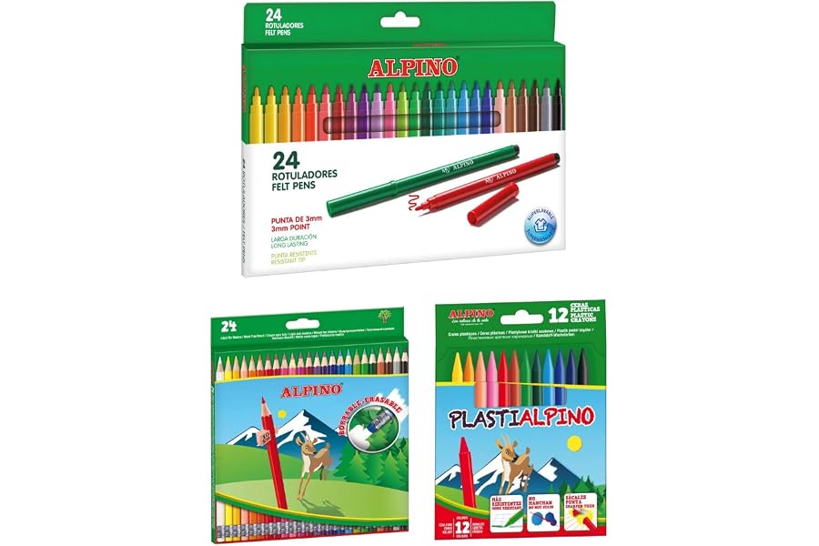 Alpino escolar pack: 24 lápices de colores borrables + 24 rotuladores + estuche con 12 ceras