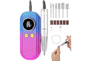 PERMUST Torno para Uñas Profesional, 35000 RPM Portatil Recargable con 6 Cabezales de Pulido y 6 Cintas Abrasivas, para Manicura y Pedicura, para Gel o Acrilicas, Rosa Azul